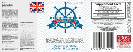 NAVIGATOR Magnesium Cytrynian Magnezu 400mg 180 kaps.